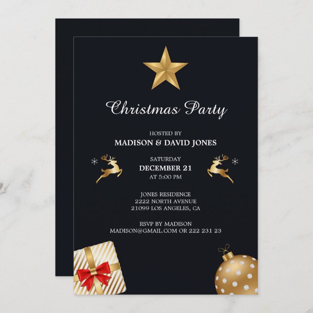 Invitation Décor De Noël En Or Et Blanc (Devant / Derrière)