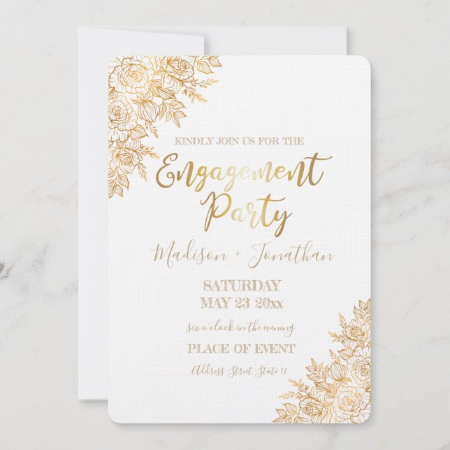 Invitation Décor Floral Doré Avec Bague (Devant)