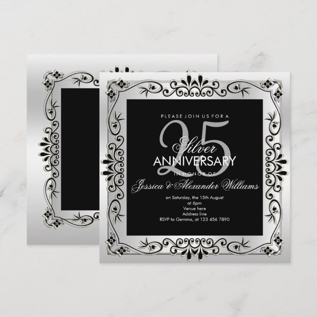 Invitation Décoratif Argent Chic encadré 25e anniversaire (Devant / Derrière)