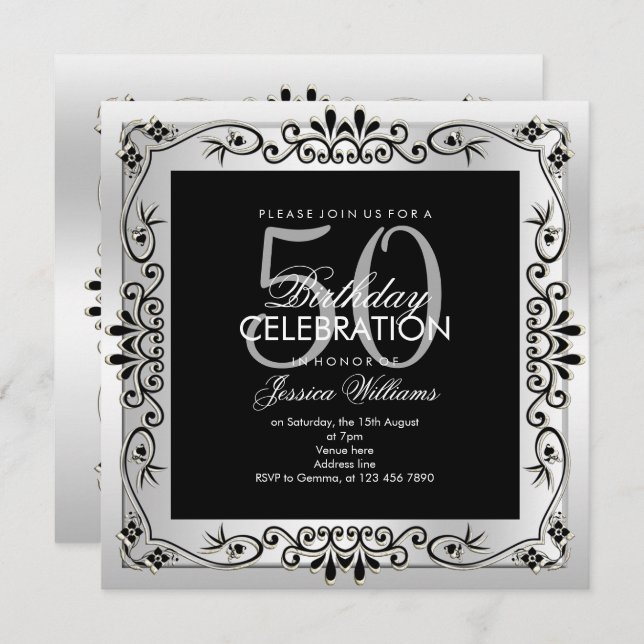 Invitation Décoratif Argent Classé encadré 50e anniversaire (Devant / Derrière)