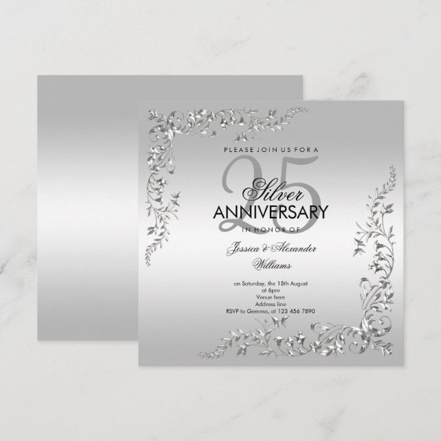 Invitation Décoration Argent 25e Anniversaire de Mariage (Devant / Derrière)