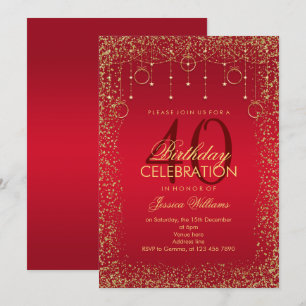 Invitation Décoration d'anniversaire rouge rubis et or paille