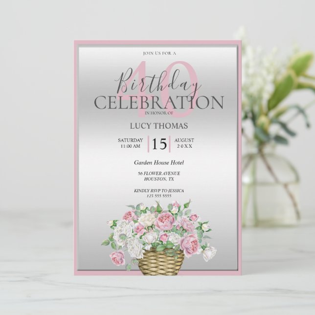 Invitation Décoration de bouquet rose classique Anniversaire (Debout devant)