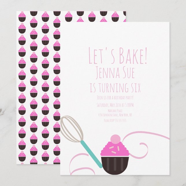 Invitation Décoration de Cupcake de Fête d'Anniversaire Rose (Devant / Derrière)