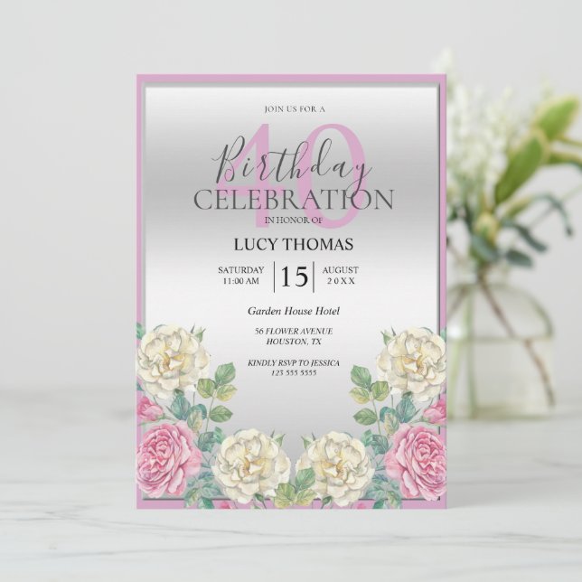 Invitation Décoration rose et blanc classique Fleurs Annivers (Debout devant)