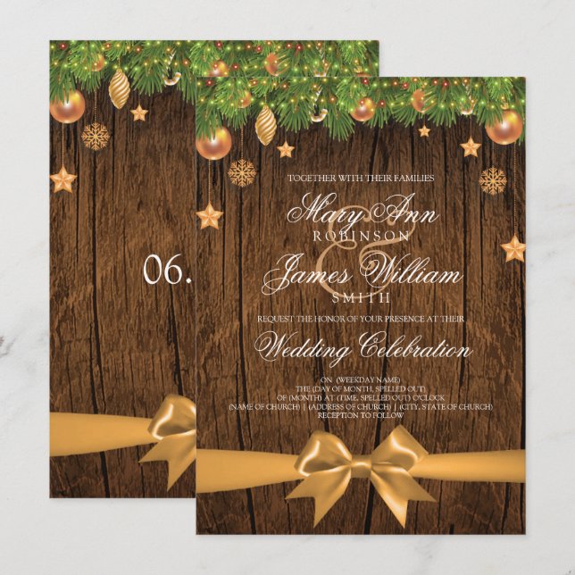 Invitation Décorations d'or Rustique Mariage de Noël & Ruban (Devant / Derrière)