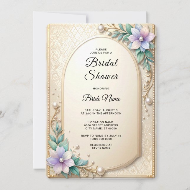 Invitation Decorative Floral Frame with Pearls Bridal Shower (Devant)