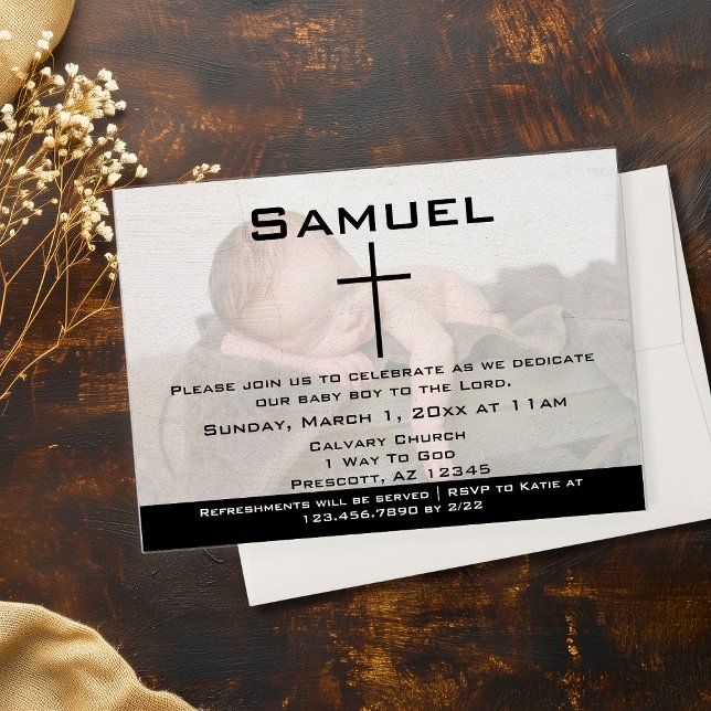 Invitation Dédicace de bébé photo noir et blanc moderne (Modern Black White Photo Baby Dedication Invitations)