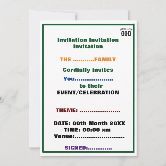 INVITATION DÉDIÉ À DIEU TEXTE NOIR PERSONNALISABLE COOL (Devant)