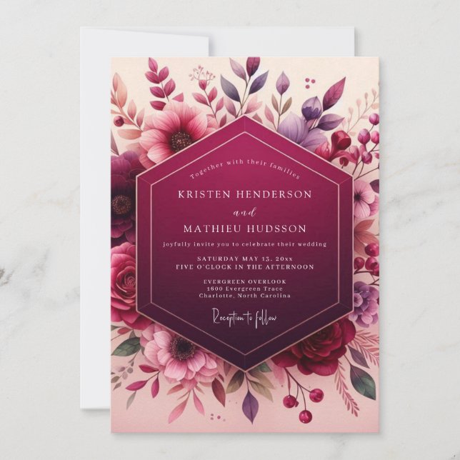 Invitation Deep Berry Floral Romantic Wedding (Devant)