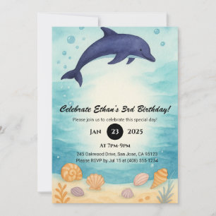 Invitation Deep Blue Dolphin & Seashell Ocean Anniversaire 