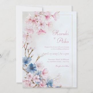 Invitation Deep Blue Pink Romantic Sakura Gold Frame Wedding
