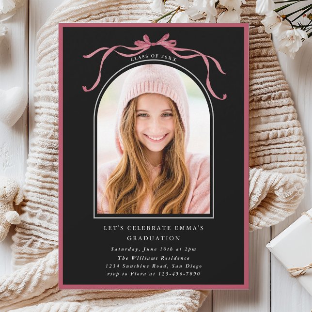 Invitation Deep Blush Bow Graduation Party Arch Photo Black (Créateur téléchargé)