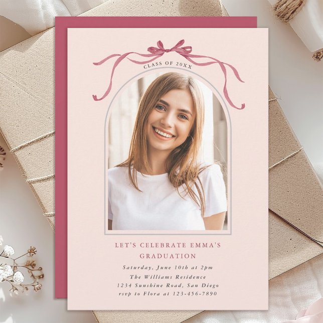 Invitation Deep Blush Bow Graduation Party Arch Photo Pink (Créateur téléchargé)