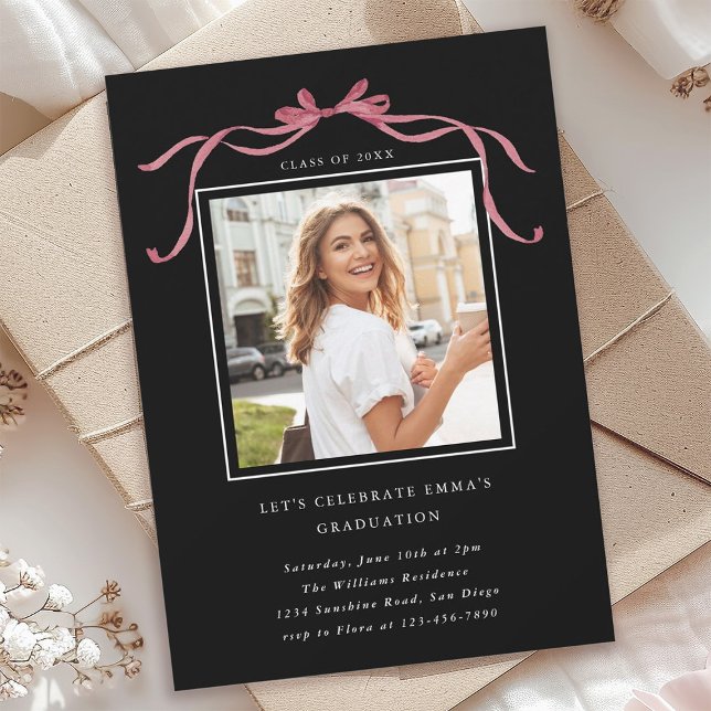 Invitation Deep Blush Ribbon Bow Graduation Party Photo Black (Créateur téléchargé)