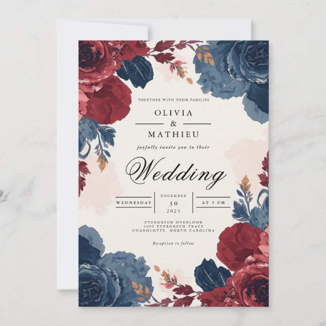 Invitation Deep Burgundy Blue Floral Arch Wedding (Devant)