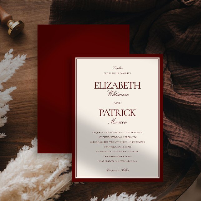 Invitation Deep Burgundy Formal Modern Classic Estate Wedding (deep burgundy wedding invitation quiet luxury old money double frame formal modern classic couple)