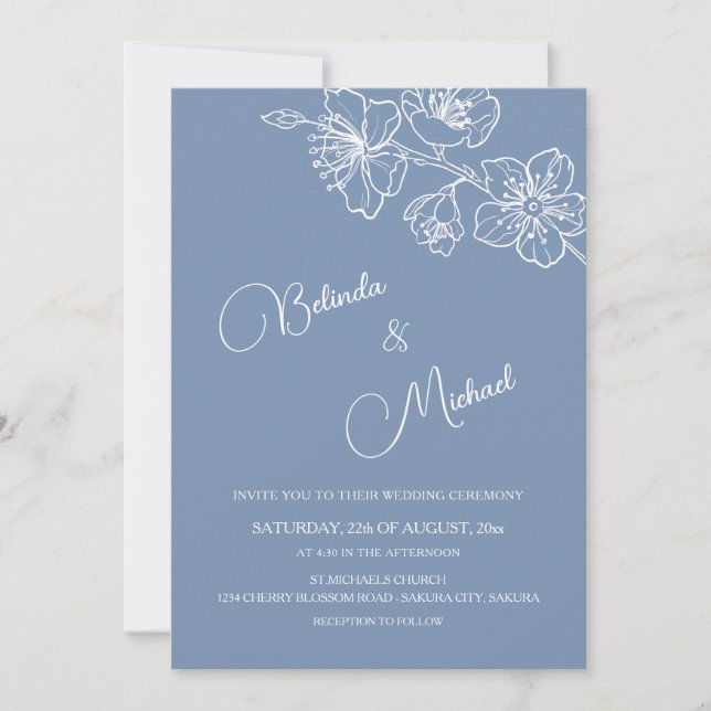 Invitation Deep Dusty Blue White Floral | Photo Wedding (Devant)