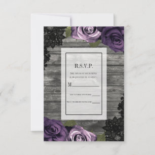 Invitation Deep Purple Roses Rustic Wood Black Lace RSVP 