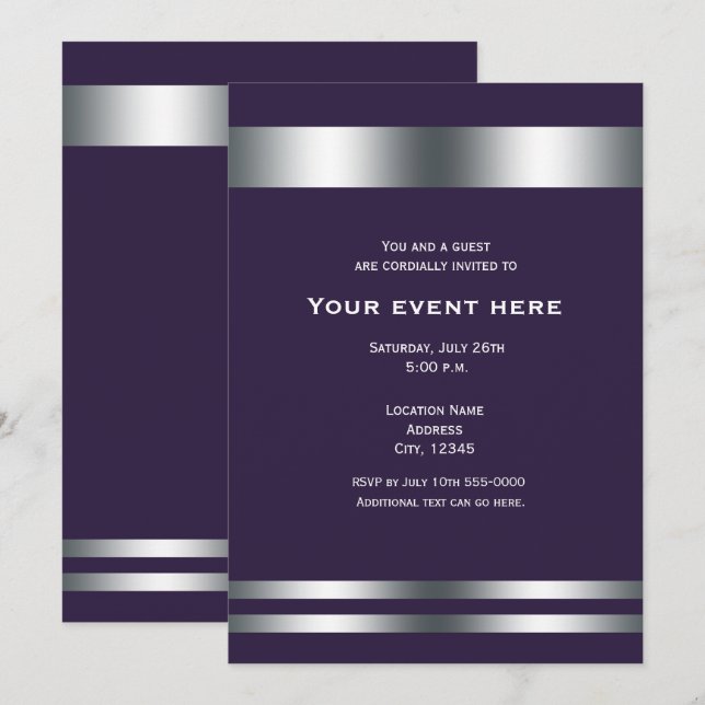 Invitation Deep Purple & Silver Elegant Diner Party Event (Devant / Derrière)