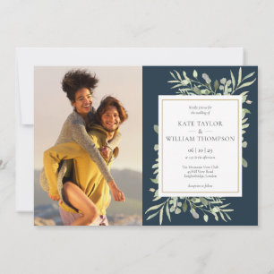 Invitation Deep Sea Blue Botanical Green Photos Mariage