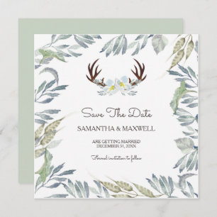 Invitation DEER ANTLER & Green Save The Date, Blue