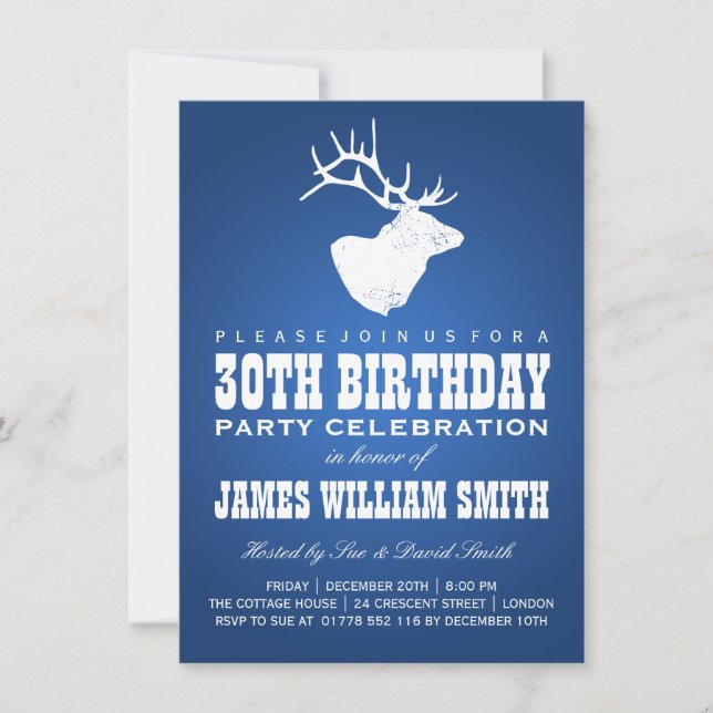 Invitation Deer Blue, fête moderne du 30e anniversaire (Devant)