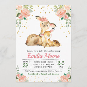 Invitation Deer maman et Baby Forêt Douche Floral Pêche