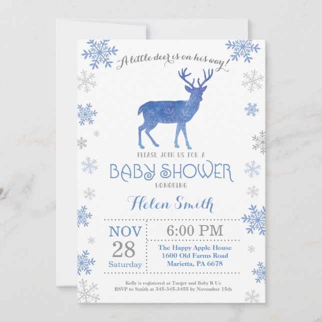 Invitation Deer Winter Blue Boy Baby shower Flocon de neige (Devant)
