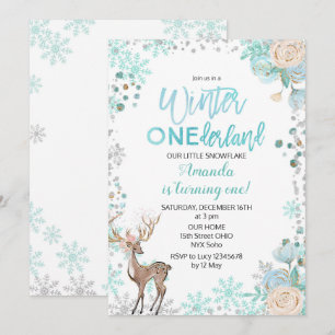 Invitation Deer Winter ONEderland Neige Anniversaire Monnaie 