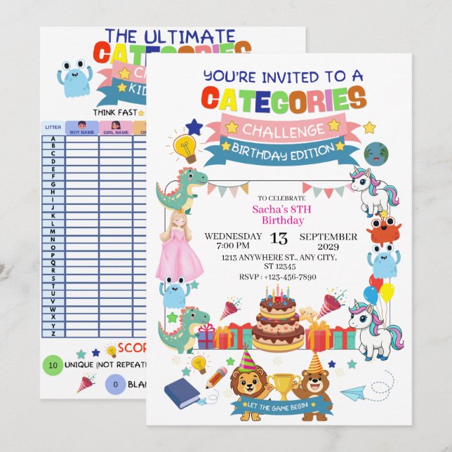 Invitation "Défi Catégories" d'anniversaire intera (Devant / Derrière)
