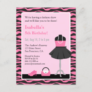 Invitation Défilé de mode Imprimé Zèbre Rose Fille Fête d'ann
