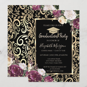 Invitation Dégradé doré Diamants Fleurs Bourgogne Diplôme