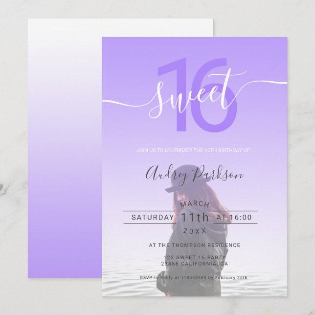 Invitation dégradé violet girly ombre script photo doux 16 (Devant / Derrière)