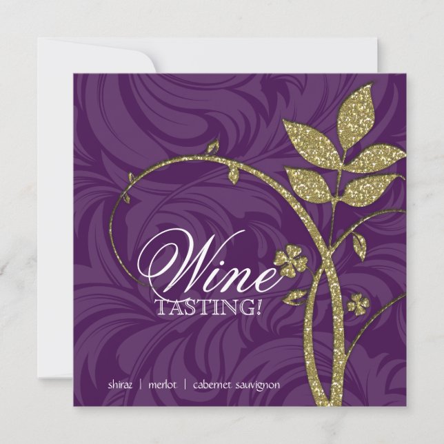 Invitation Dégustation De Vins Purple Gold Leaf Parties scint (Devant)