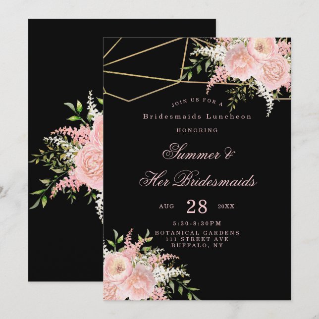 Invitation Déjeuner d'affaires Black Blush Rose Gold Floral (Devant / Derrière)