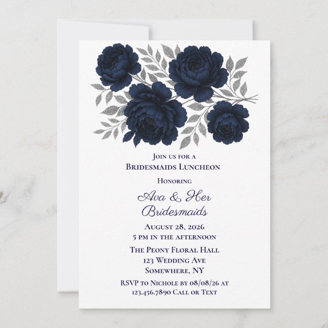 Invitation Déjeuner d'affaires Feuille Blue & Silver Navy (Devant)