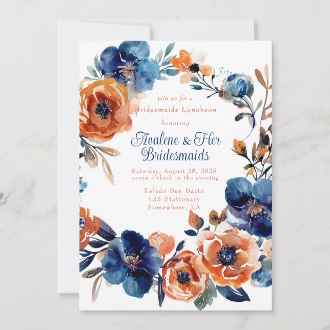 Invitation Déjeuner d'affaires florales bleu et orange (Devant)
