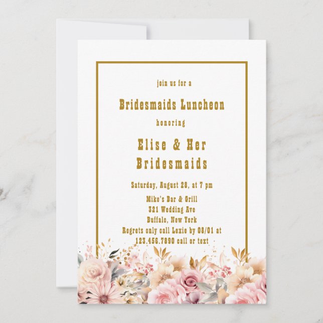 Invitation Déjeuner d'affaires florales rose et or (Devant)
