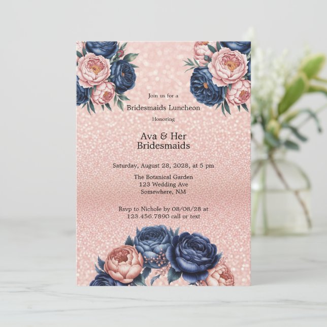 Invitation Déjeuner d'affaires Marine Blue & Rose Gold Floral (Debout devant)