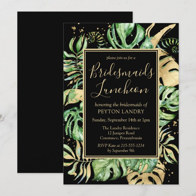 Invitation Déjeuner d'affaires Tropical Black & Gold Bridesma (Devant / Derrière)