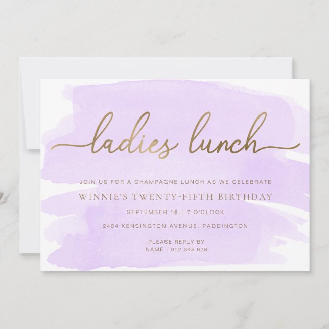 Invitation Déjeuner dames couleur aquarelle violette et or (Devant)