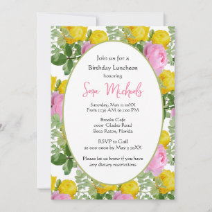 Invitation Déjeuner d'anniversaire aux roses jaunes et roses 