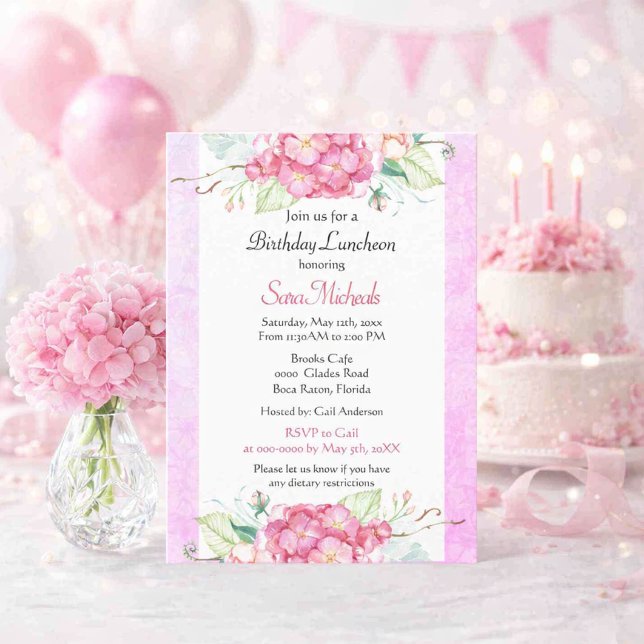 Invitation Déjeuner d'anniversaire botanique rose élégant  (Celebrate in style with this watercolor floral birthday luncheon invitation featuring pink hydrangea)