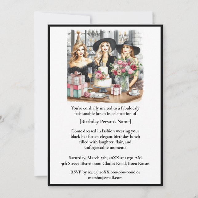 Invitation Déjeuner d'anniversaire Chic Ladies Black Casquett (Devant)