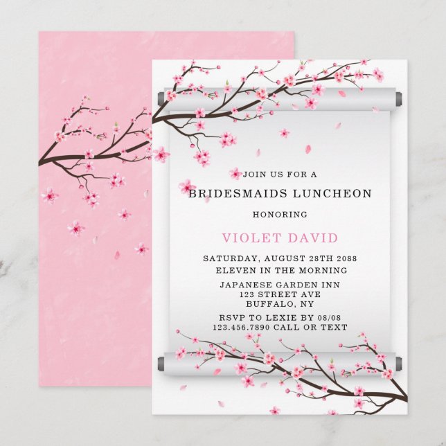 Invitation Déjeuner de Bridesmaids Japonais Scroll Cherry Blo (Devant / Derrière)