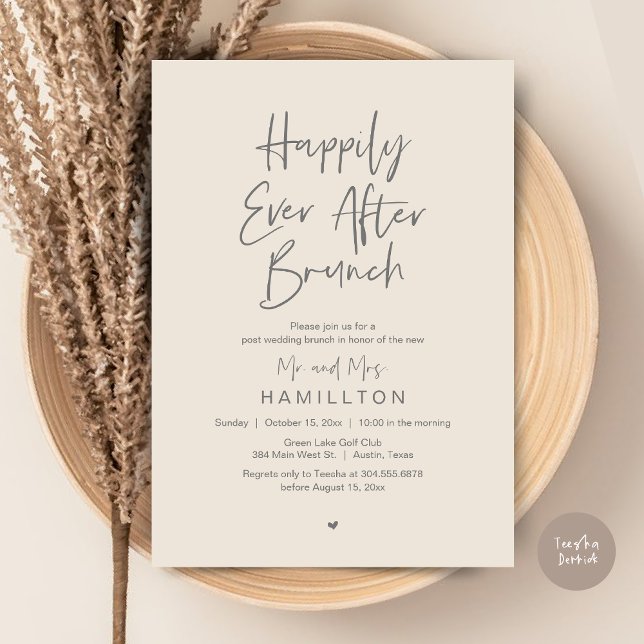 Invitation Déjeuner de conte de fées, Fête de mariage intime (Happily Ever After Brunch The Morning After Invitation Card PDF Newlyweds in Aesthetic Cream Grey)