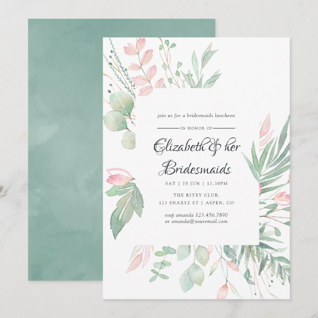 Invitation Déjeuner de demoiselles d'honneur Pastel Blush Gre (Devant / Derrière)