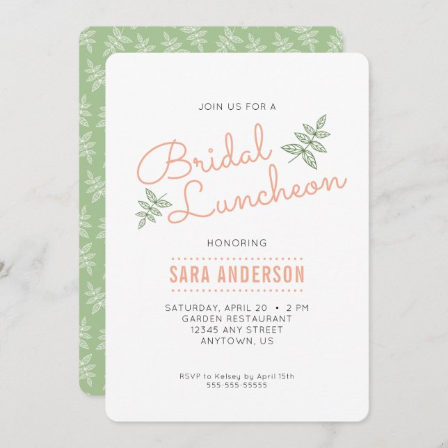 Invitation Déjeuner de mariage aux feuilles vert sauge et cor (Devant / Derrière)