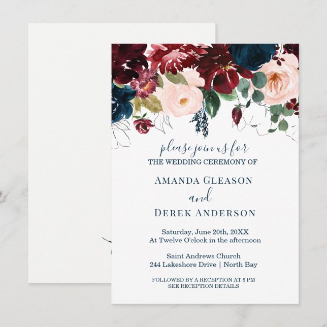 Invitation Déjeuner de mariée Burgundy, Rose et Bleu de minui (Devant / Derrière)